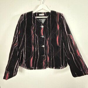 Montana Avenue Womens Velvet Quilted Jacket Abstract Black Red Button-Front Coat